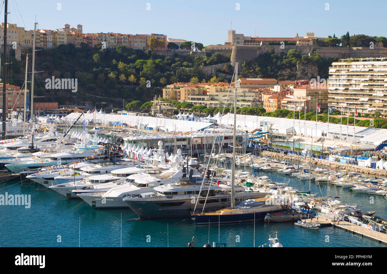 Monte Carlo, Monaco - September 26, 2018: Monaco Yacht Show Atmosphere. Yachts, Yachten, Boot, Boote, Ship, Ships, Superyacht, Superyachts, Sea, Meer, Mare, | usage worldwide Stock Photo