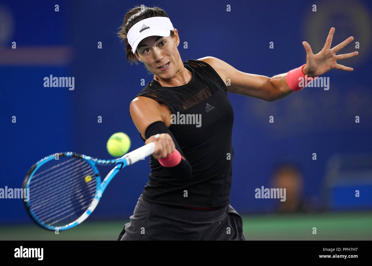 Wuhan, China's Hubei Province. 26th Sep, 2018. Garnine Muguraza of Spain  returns a shot during singles third round match against Katerina Siniakova  of the Czech Republic at the 2018 WTA Wuhan Open