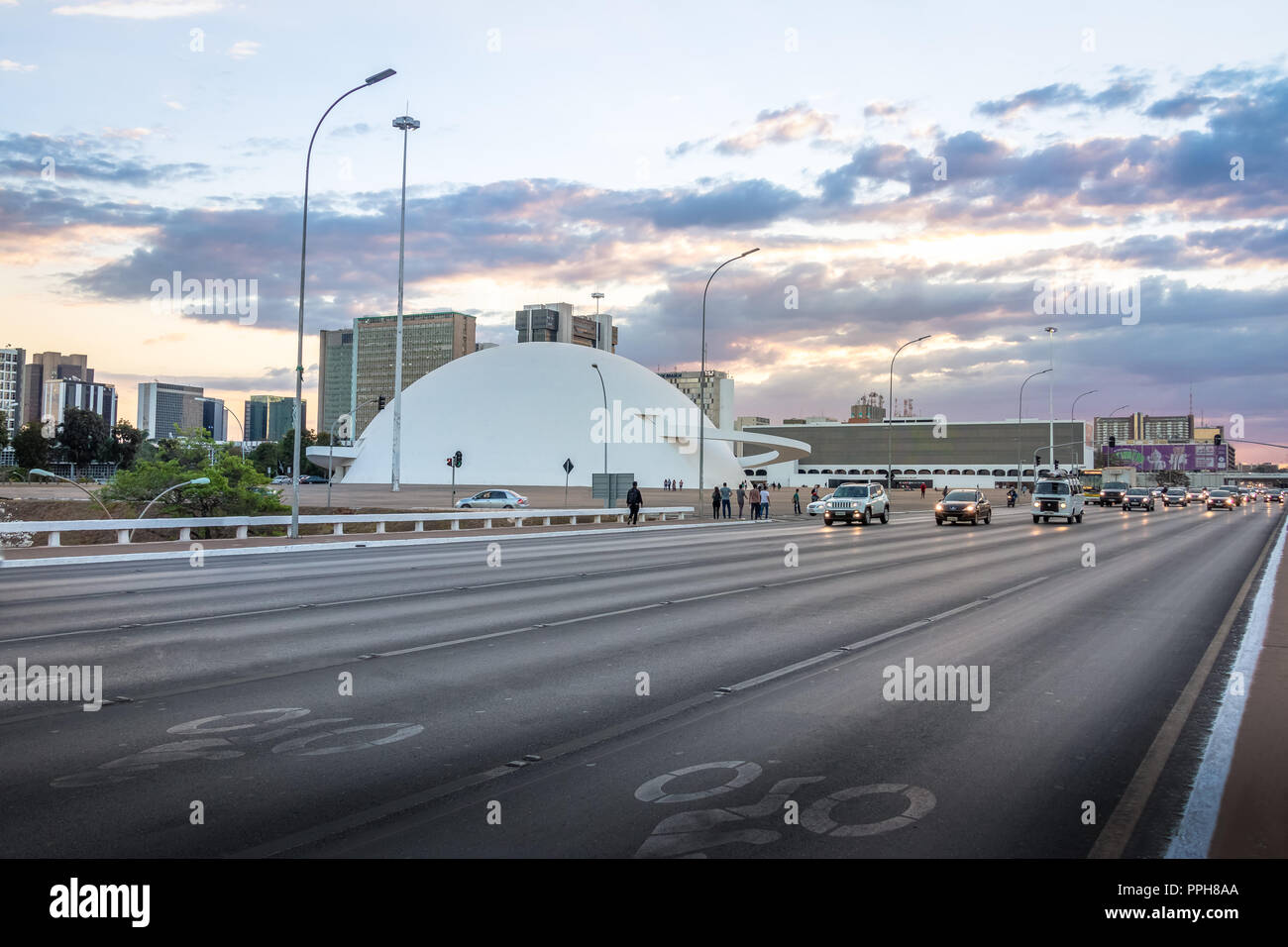 Monumental Axis Avenue and National Museum at sunset - Brasilia, Brazil Stock Photo