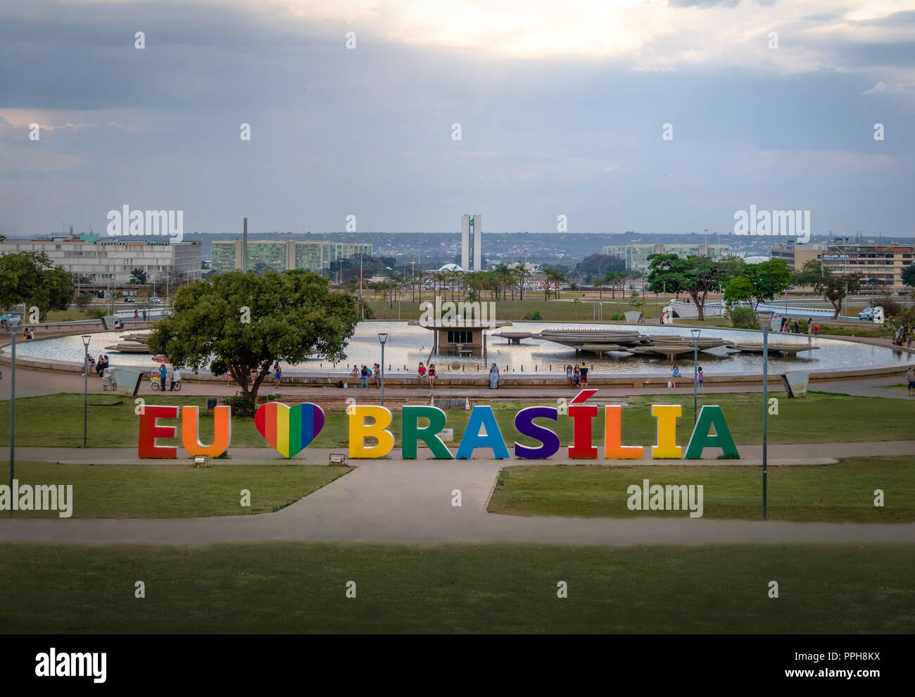 Brasilia Sign at Burle Marx Garden Park and TV Tower Fountain - Brasilia, Distrito Federal, Brazil Stock Photo
