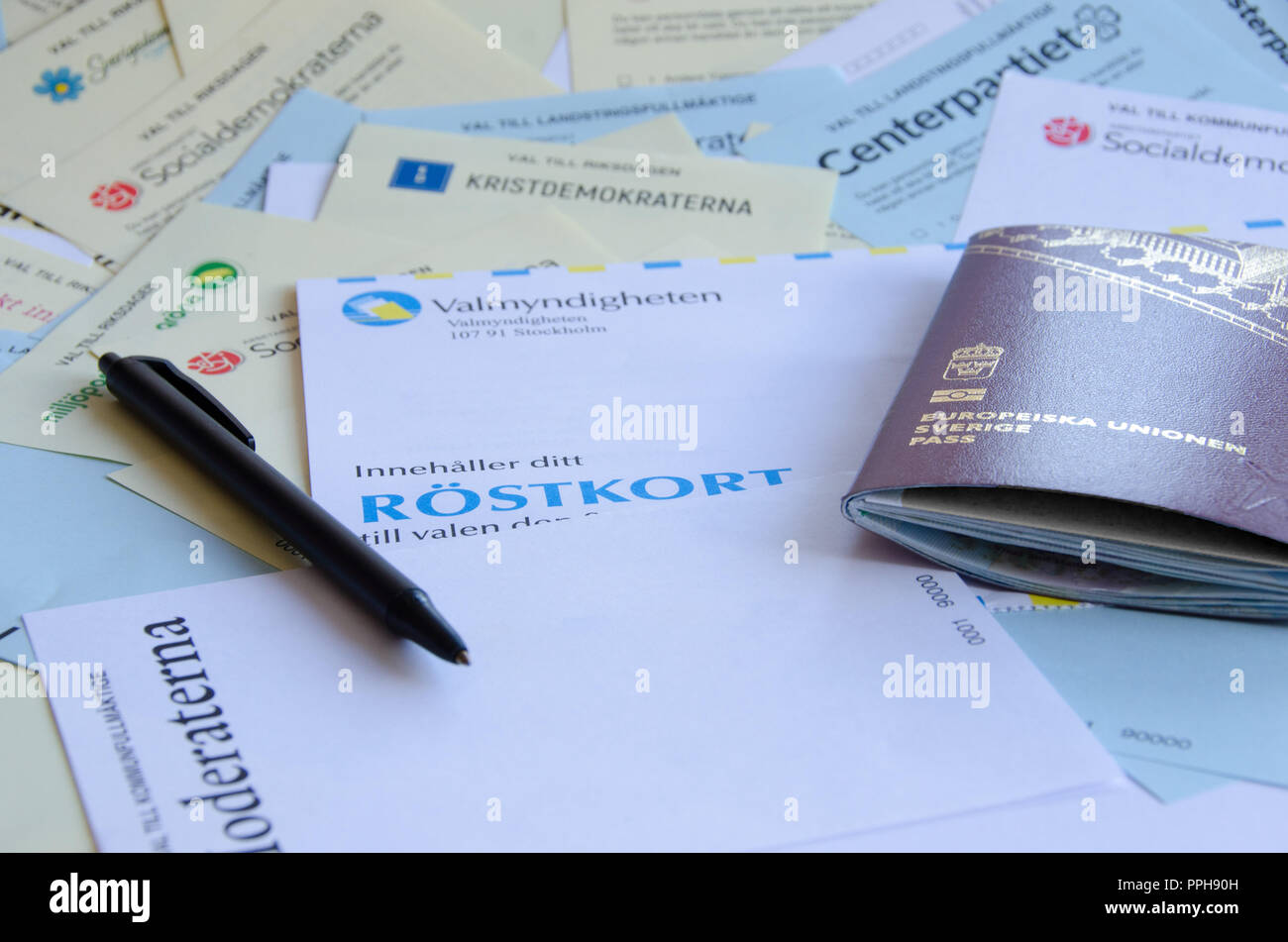 Stockholm, Sweden - 5 september 2018. Swedish election papers and passport Stock Photo