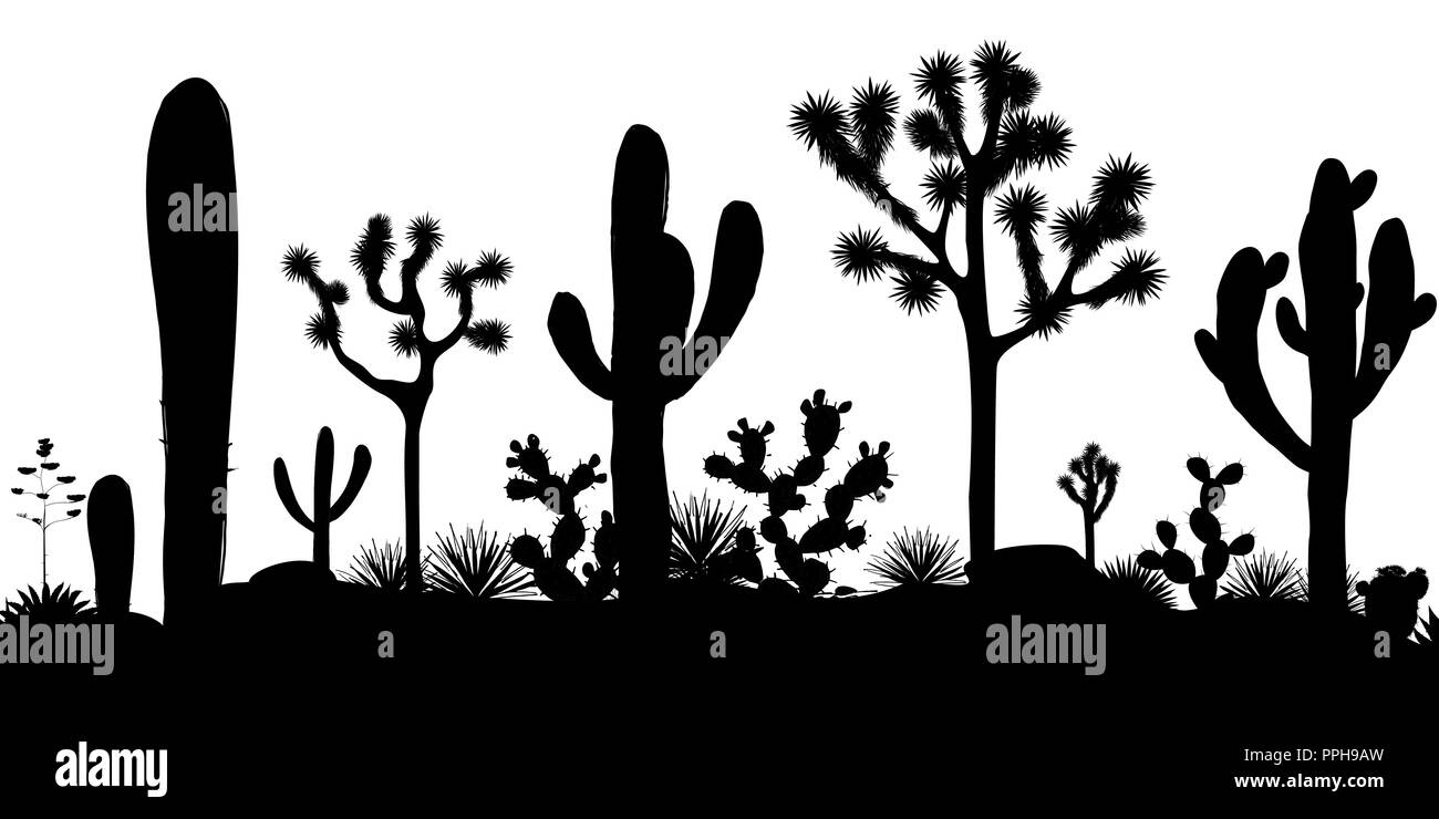 Desert seamless pattern with silhouettes of joshua trees, opuntia, and saguaro cacti. Black and white background. Vector illustration Stock Vector