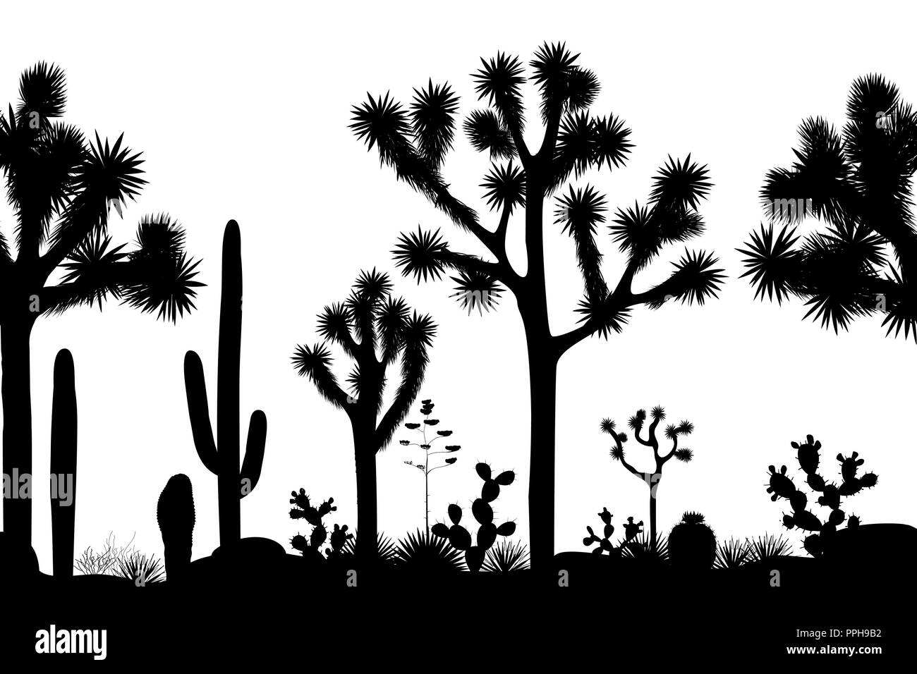 Desert seamless pattern with silhouettes of joshua trees, opuntia, and saguaro cacti. Black and white background. Vector illustration Stock Vector