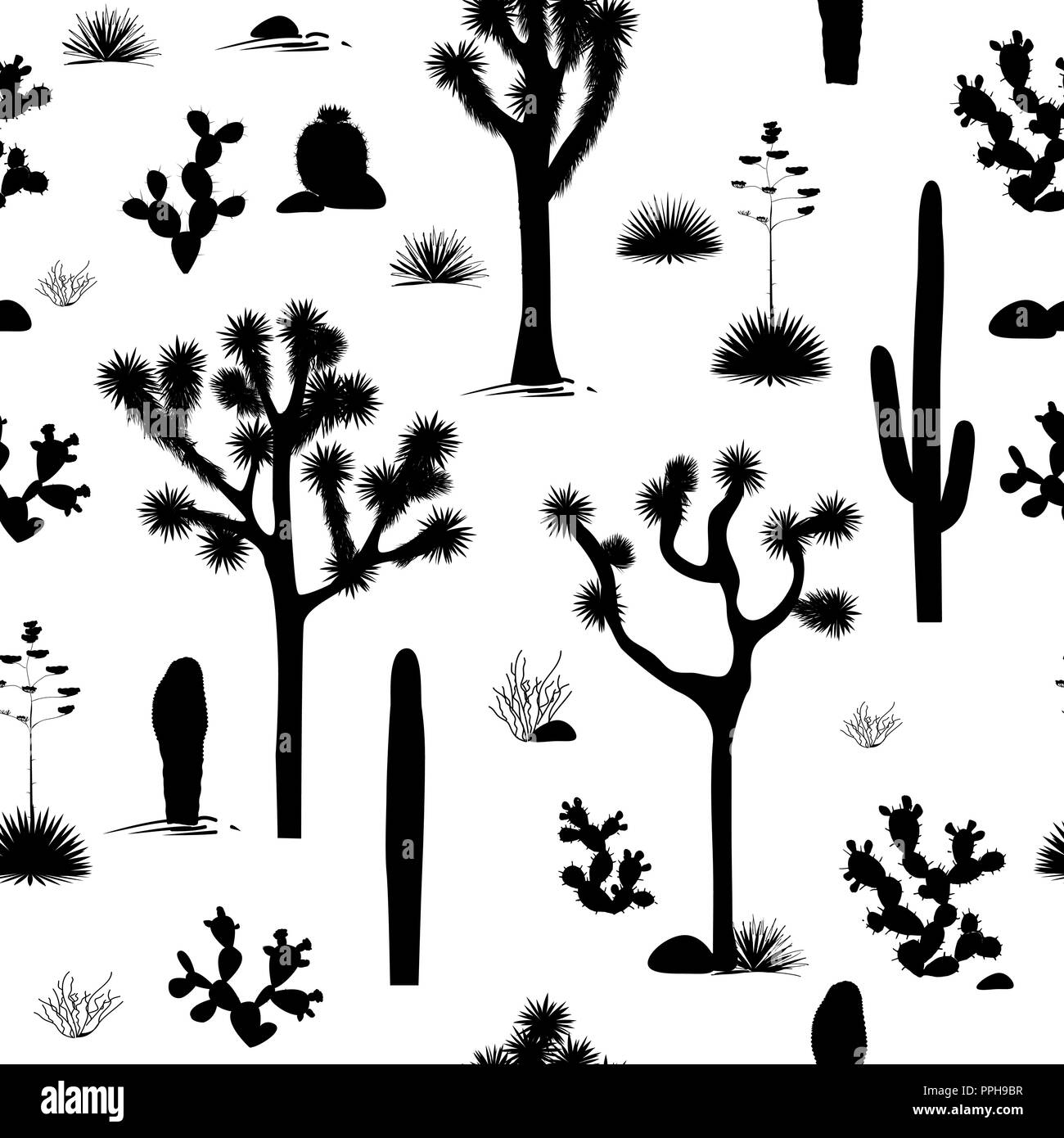Stylish seamless pattern with silhouettes of joshua trees, opuntia, and saguaro cacti. Black and white desert background. Vector illustration Stock Vector