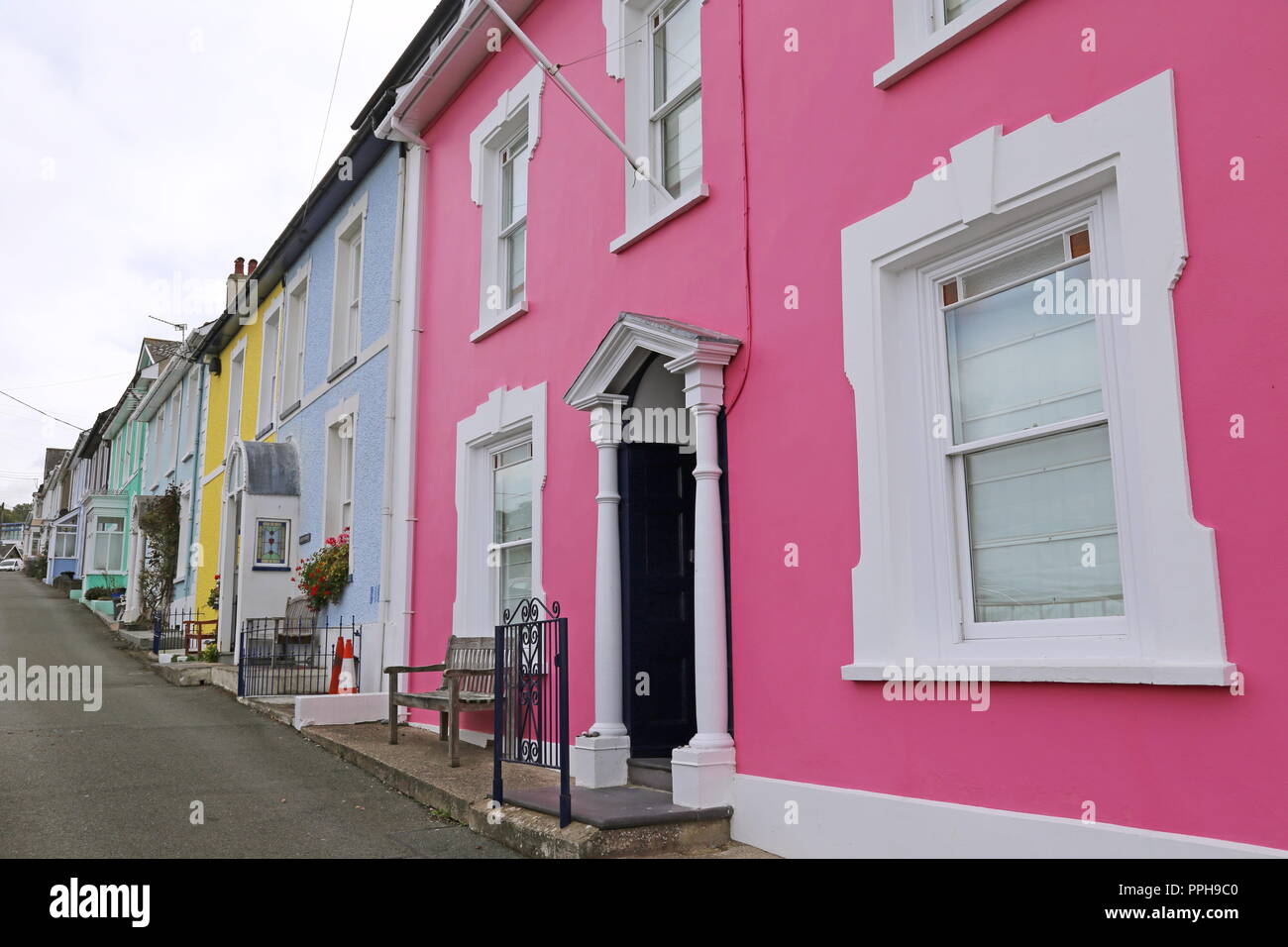 Brightlypainted houses, High Terrace, New Quay, Cardigan Bay