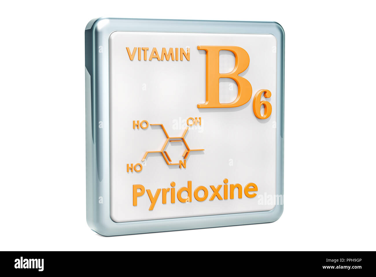 Vitamin B6, pyridoxine. Icon, chemical formula, molecular structure on white background. 3D rendering Stock Photo