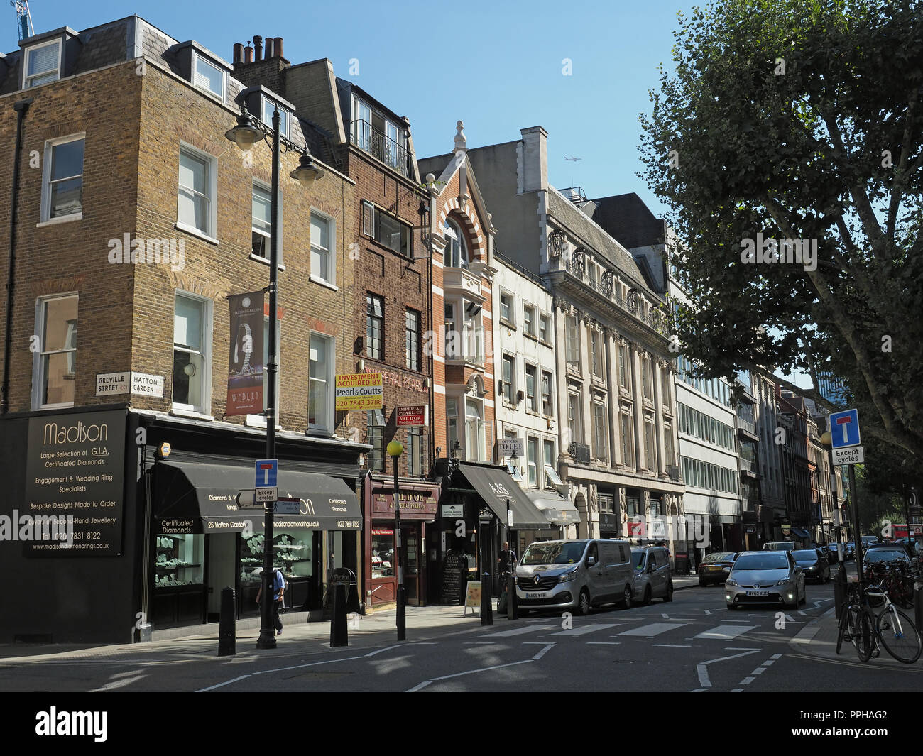 View looking along Hatton Garden in London jewellery quarter and the centre of the UK diamond trade Stock Photo