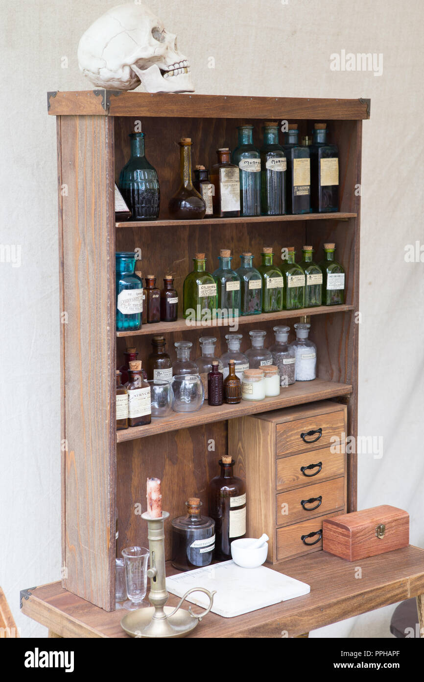 A medicine cabinet in a field hospital at a American Civil war reenactment Stock Photo