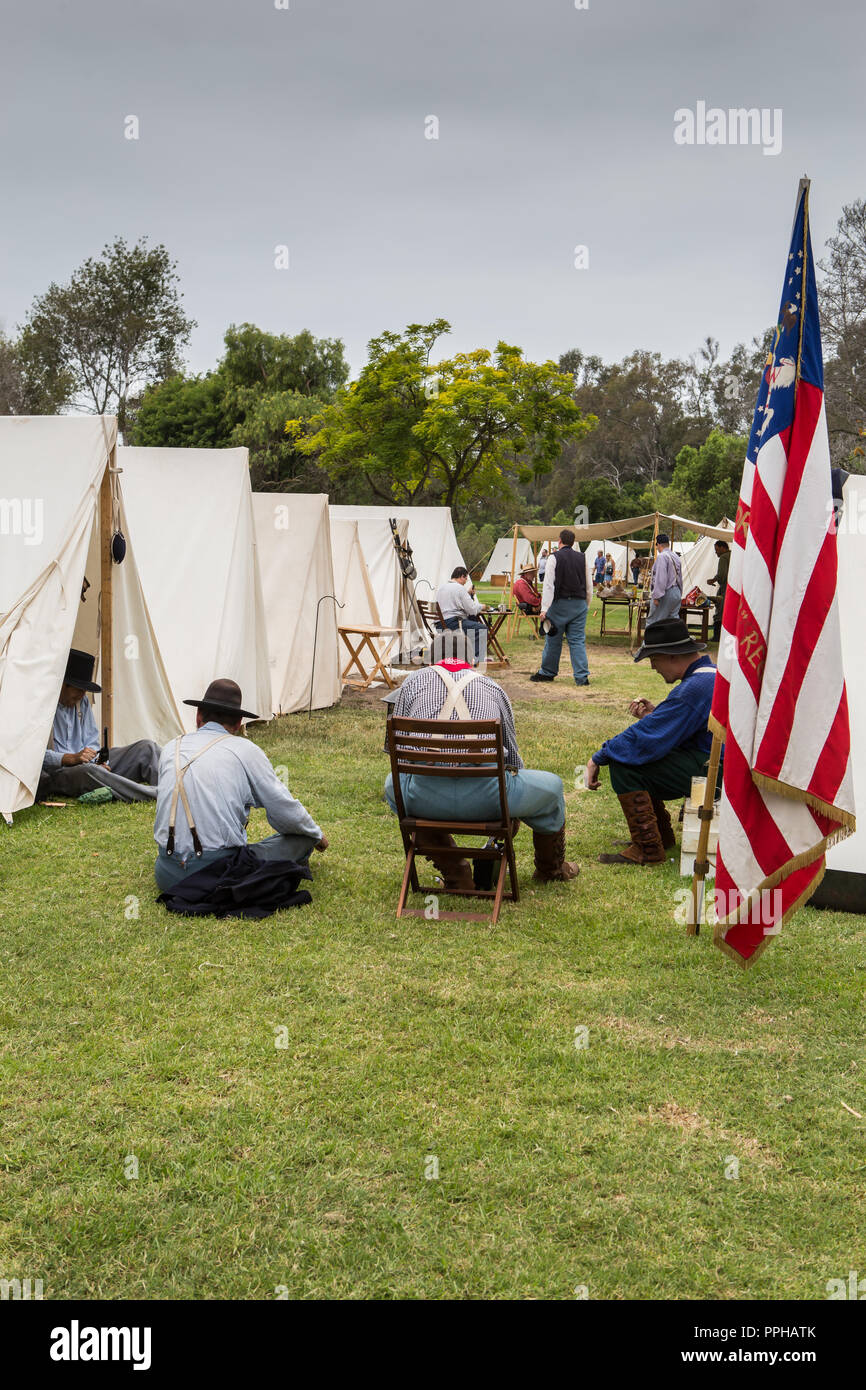 Actors at a American civil war encampment part of a reenactment in