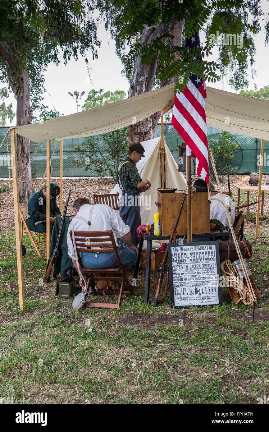 Actors at a American civil war encampment part of a reenactment in Huntington Beach California USA Stock Photo