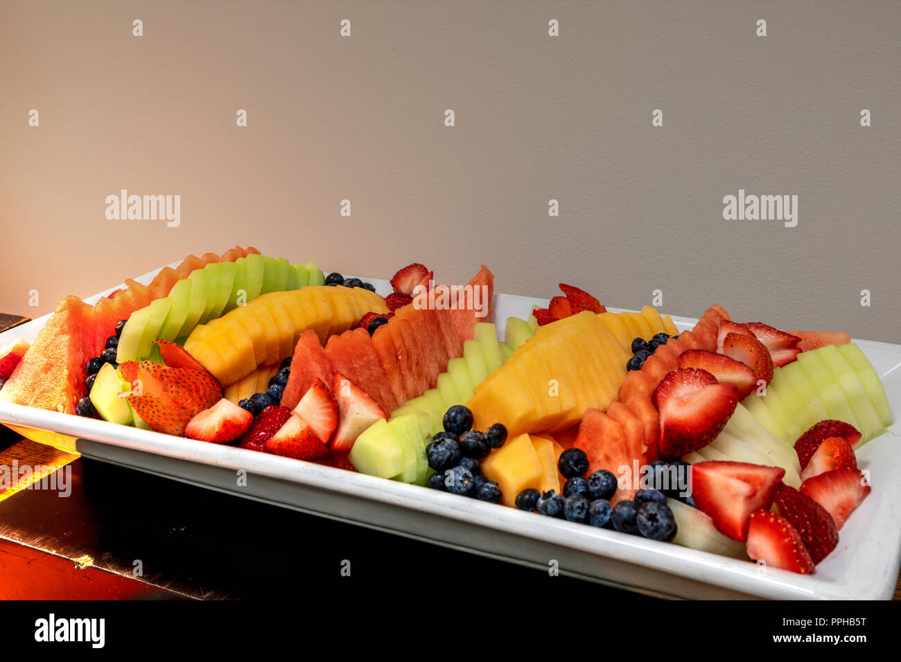 Fresh fruit platter including watermelon, cantaloupe, honeydew melon
