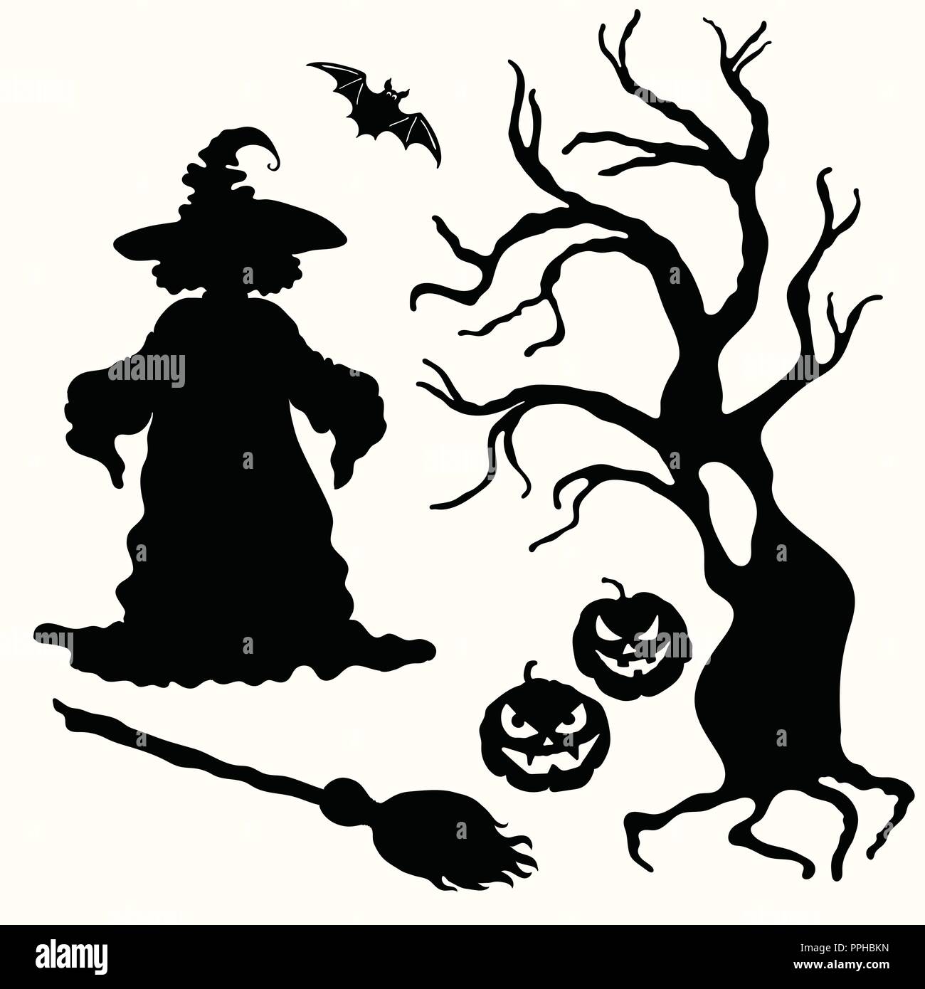 Vector witch, pumpkin lantern, tree, broom and bat stencil isolated on the white background. Laser cutting template Stock Vector