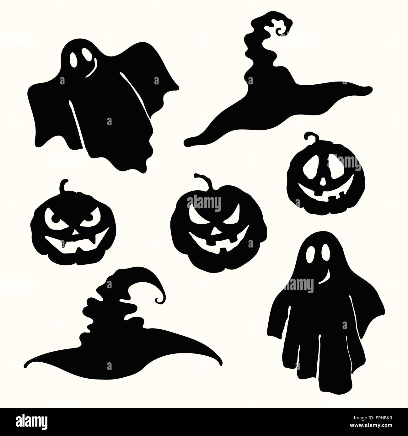 Two black silhouette ghost, carving face pumpkin lantern and witch hat stencil isolated on the white background. Laser cutting template Stock Vector