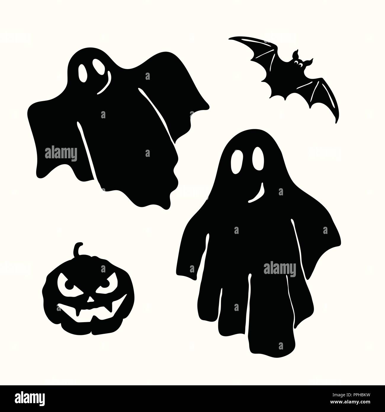 Two black silhouette ghost, carving face pumpkin lantern and bat stencil isolated on the white background. Laser cutting template Stock Vector