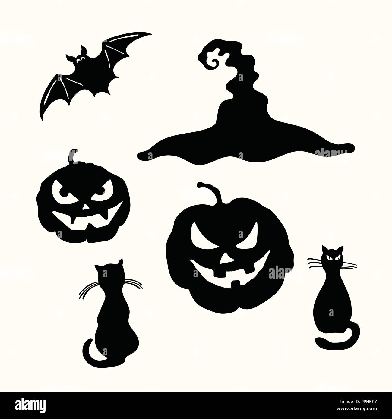 Carving face pumpkin lantern, black cat, witch hat and bat Halloween stencil isolated on the white background. Stock Vector