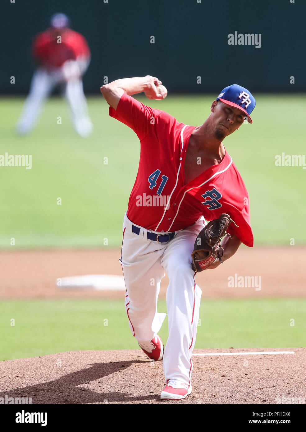 John Brownell pitcher inicial de Puerto Rico , durante el partido de beisbol de la Serie del Caribe entre Republica Dominicana vs Puerto Rico en el Nu Stock Photo