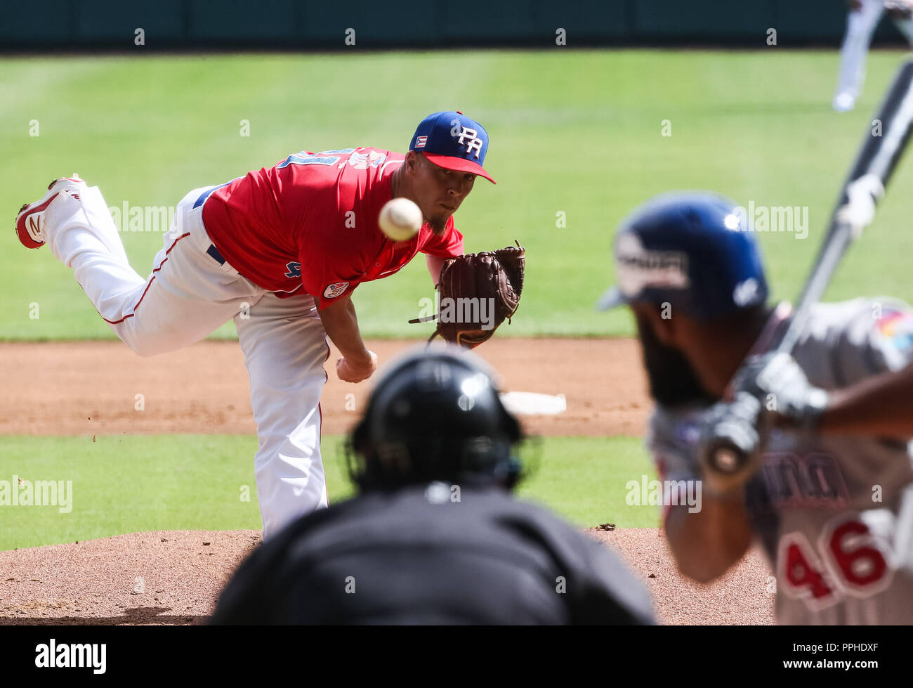 John Brownell pitcher inicial de Puerto Rico , durante el partido de beisbol de la Serie del Caribe entre Republica Dominicana vs Puerto Rico en el Nu Stock Photo