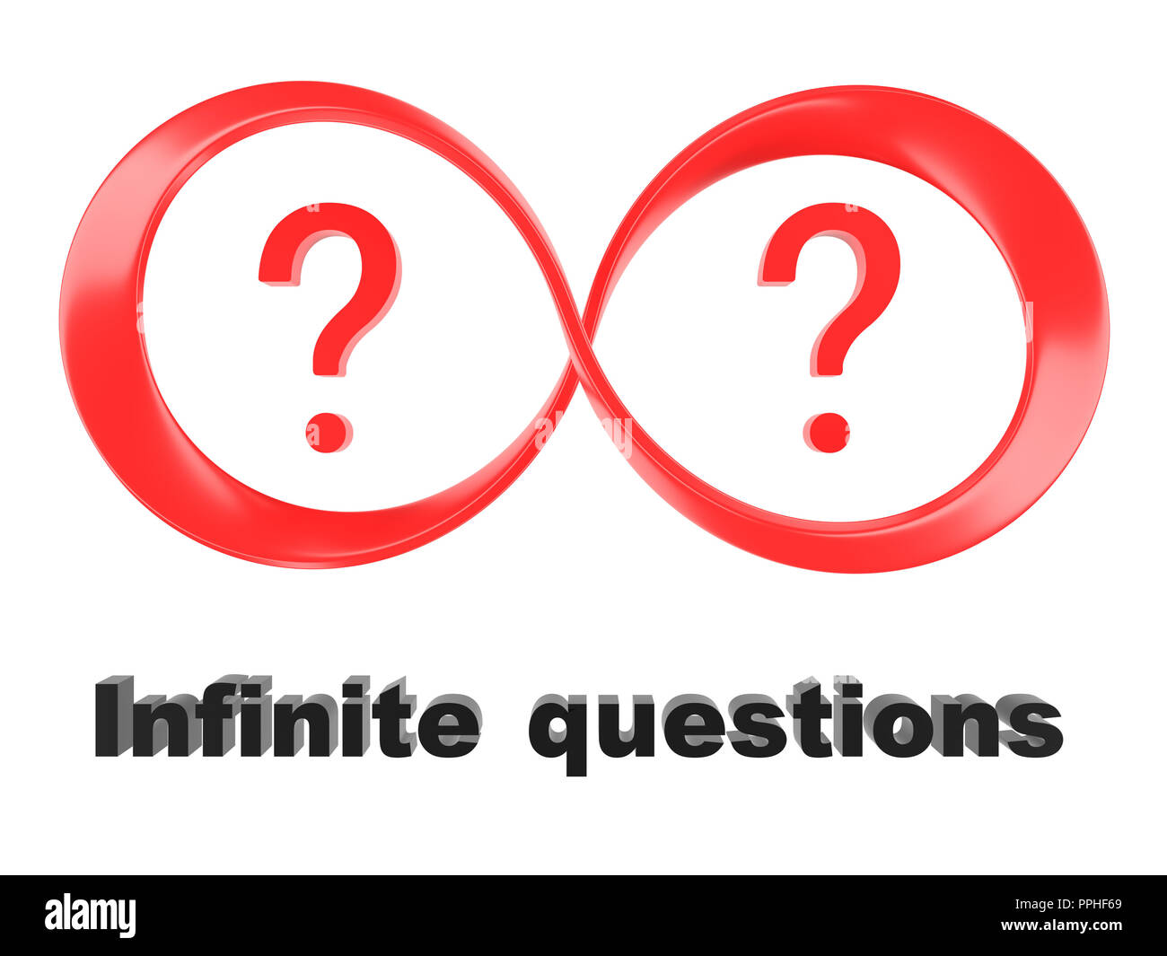 Symbol of infinity and question marks isolated on a white background. 3d render. Stock Photo