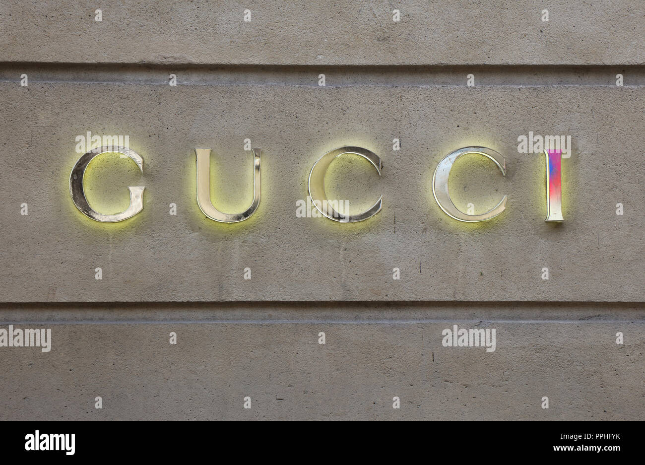 Paris, France, 21 september 2018:Gucci letters on a wall in Paris, France Stock Photo