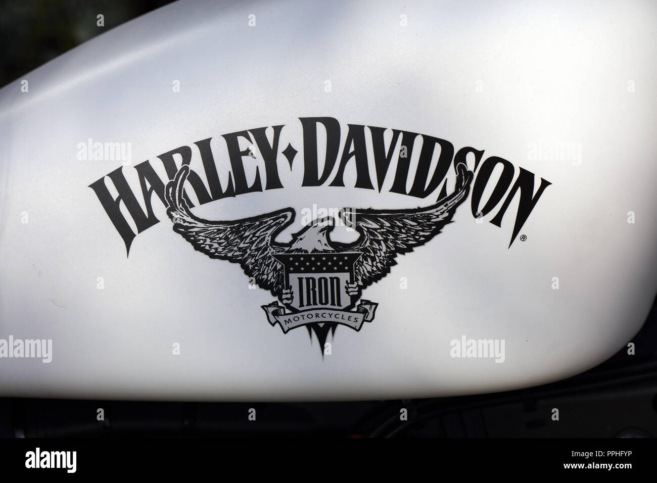 Paris, France, 21 september 2018: Letters Harley Davidson on a  motor cycle tank Stock Photo