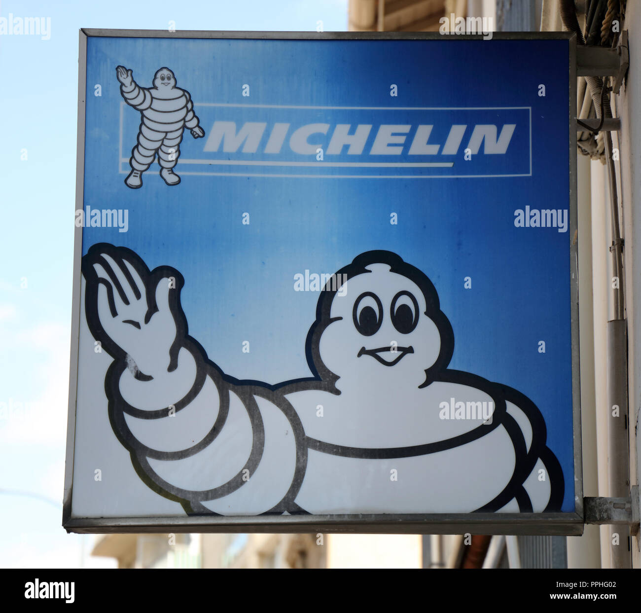 Paris, France, 14 september 2018: sign of the Michelin man on a wall in Paris Stock Photo