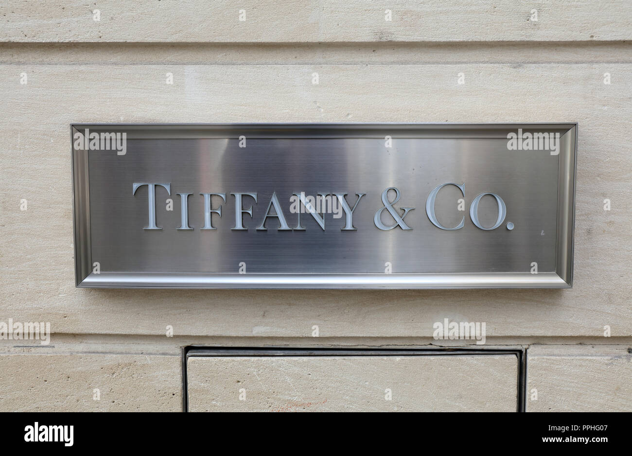Paris, France, 21 september 2018: Sign of Tiffany en Co on a wall in Paris, France Stock Photo