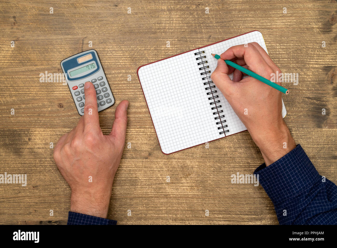 Notes Counting Hand Powder Hands with Calculator and notepad. Businessman with calculator counting ...