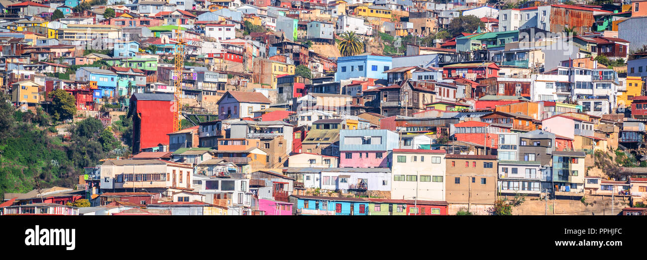 Panorama of colorful houses on a hill of Valparaiso, Chile Stock Photo