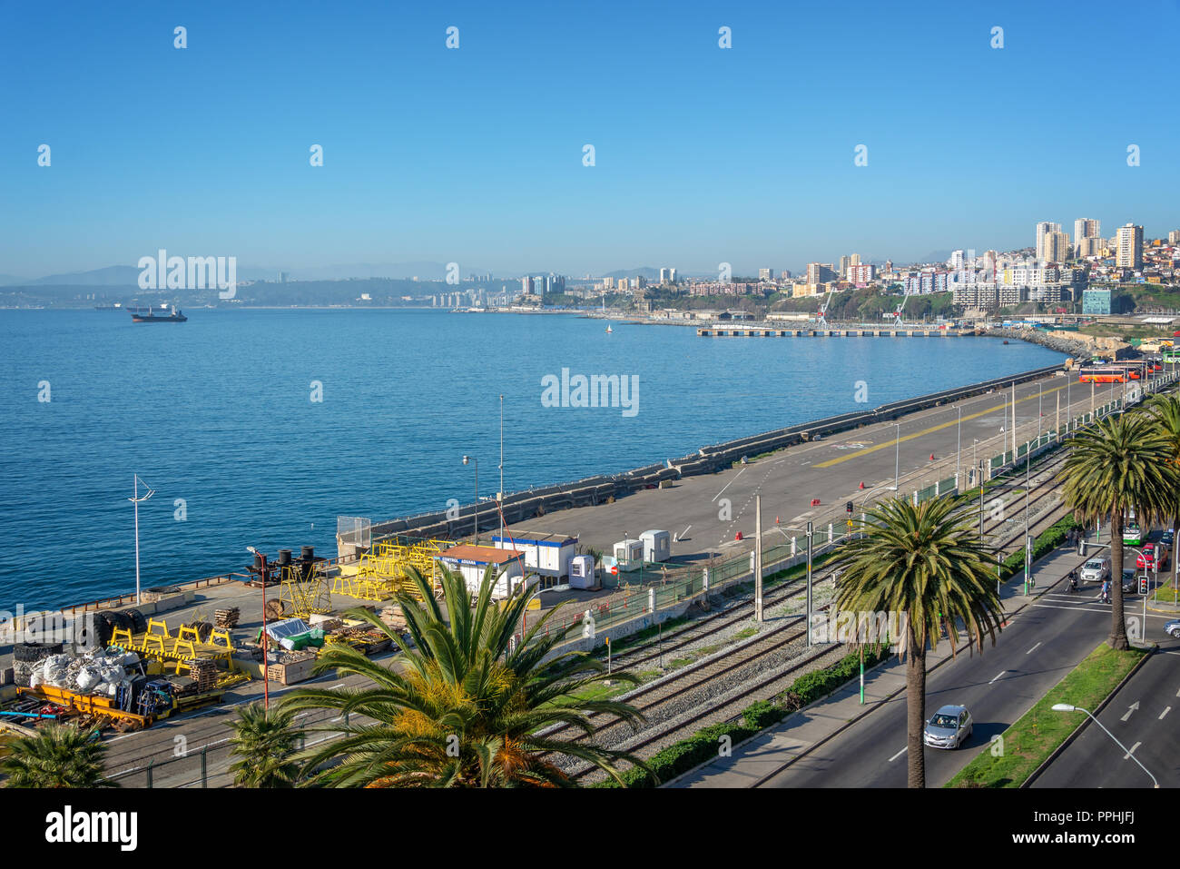 Pacific ocean and harbor of Valparaiso, Chile Stock Photo