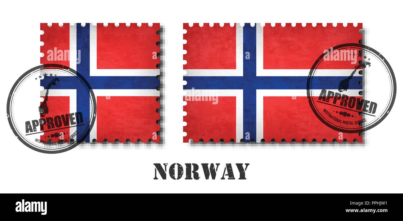 Norway or norwegian flag pattern postage stamp with grunge old scratch texture and affix a seal on isolated background . Black color country name with Stock Vector