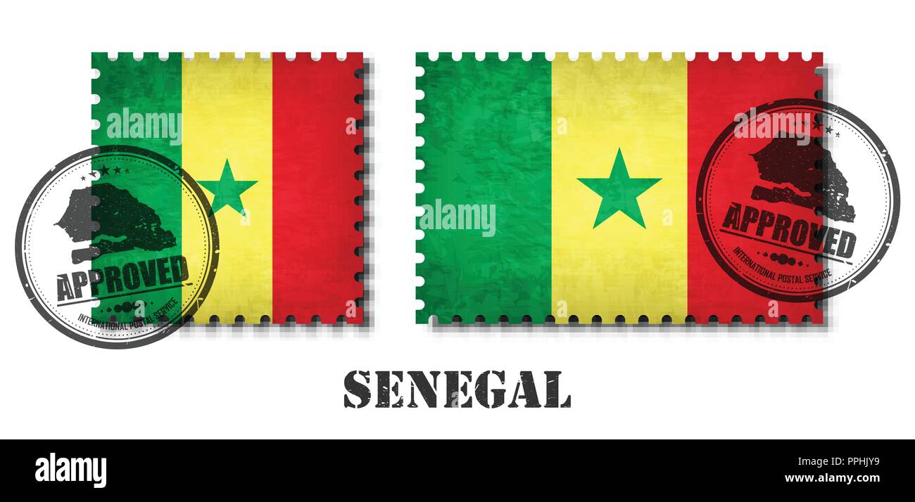 Senegal or senegalese flag pattern postage stamp with grunge old scratch texture and affix a seal on isolated background . Black color country name wi Stock Vector