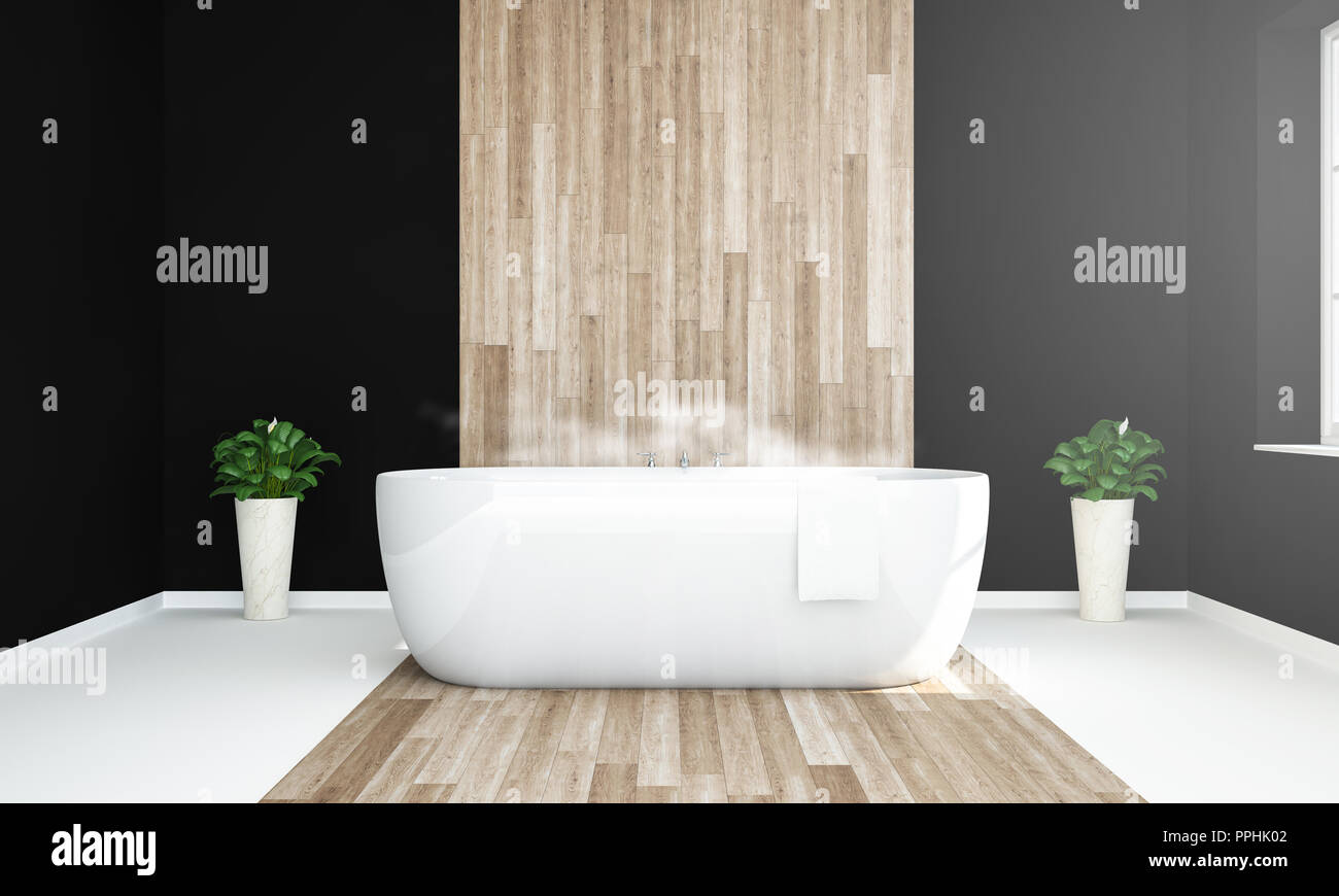 black, white and wooden bathroom ready for a warm bath 3d rendering Stock Photo