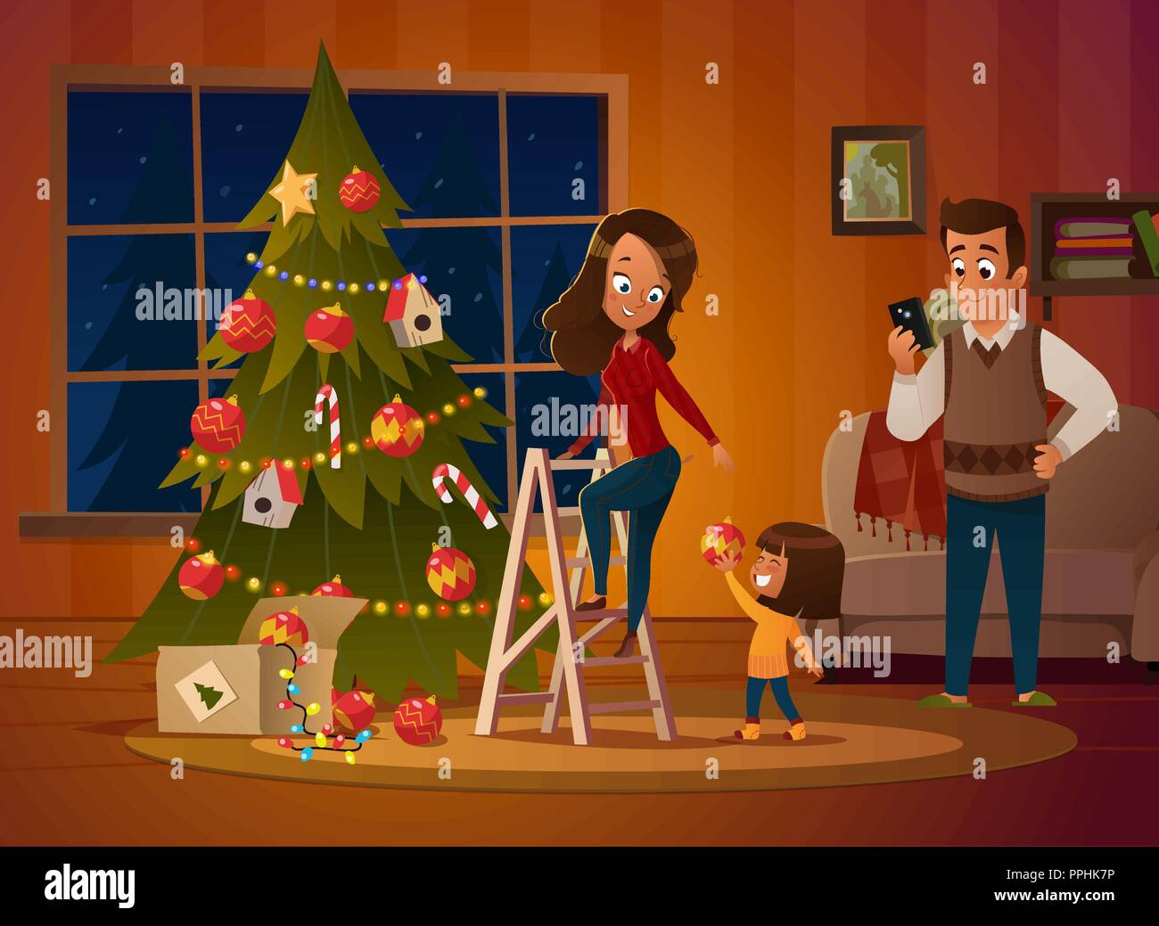 Happy family mom, dad and doughter dresses up Christmas tree. The boy unwinds the garland. Family in Christmas sweaters decorate the house for the holiday in a cozy winter evening. Vector illustration Stock Vector