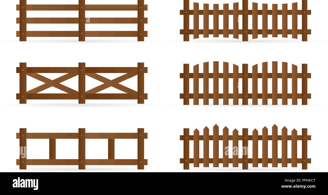 Set of different rural wooden fences. Isolated detailed elements for garden illustration design Stock Vector