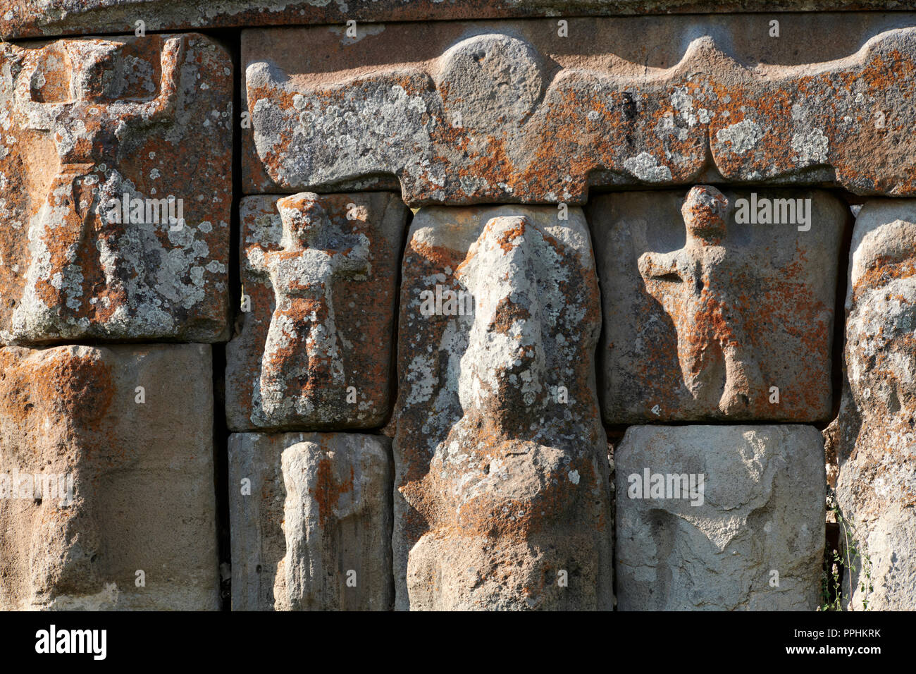 close up of Eflatun Pınar ( Eflatunpınar) Ancient Hittite relief sculpture monument and sacred pool, and its Hittite relief scultures of Hittite gods. Stock Photo