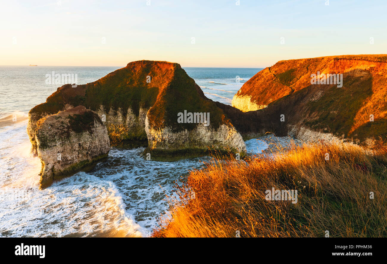 Sea and environmental erosion on chalk cliffs flanked by grasses at ...