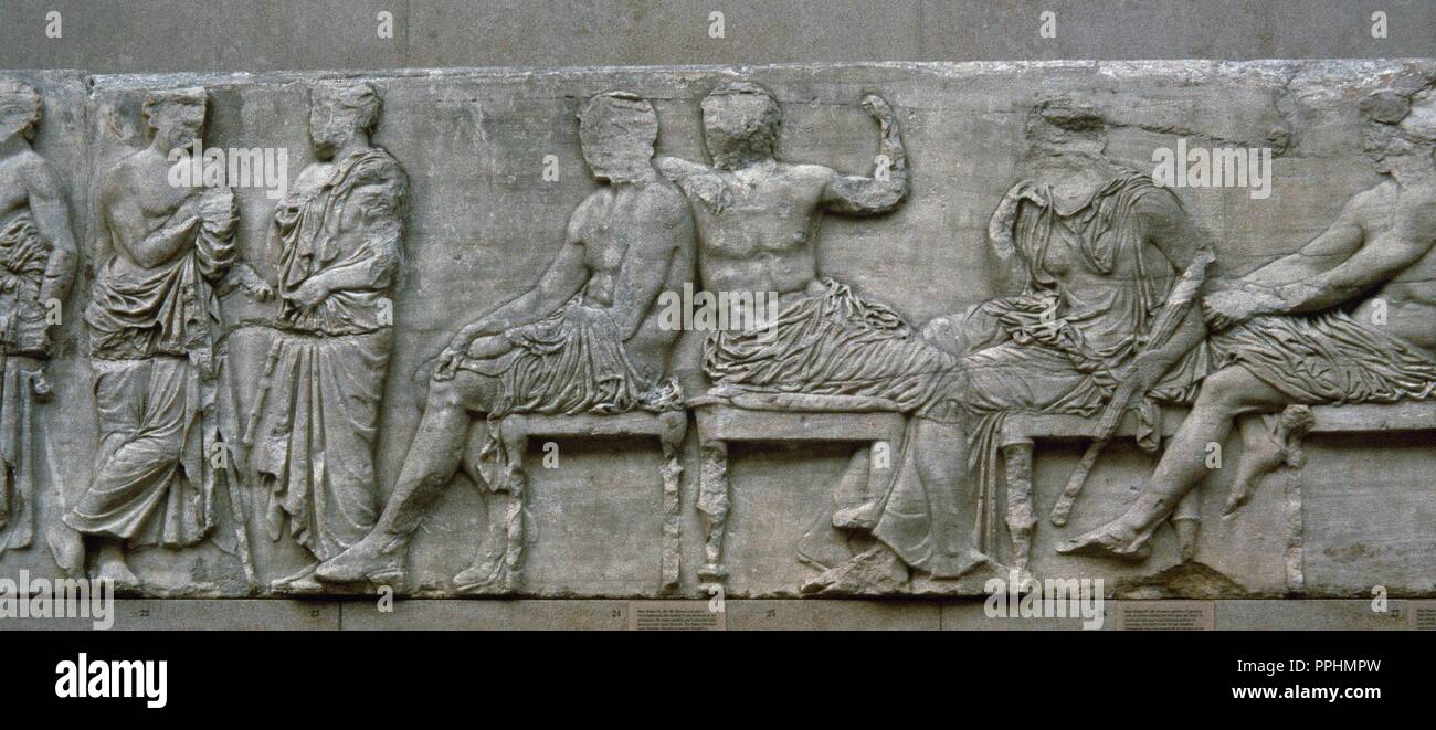 The East frieze of the Parthenon, Acropolis of Athens, Greece. Sacrificial  procession. Gods and Godesses. The Peplos Scene. Pentelic marble. Stone  number I IV, figures E 21-23 (male figures), E 24 (Hermes)