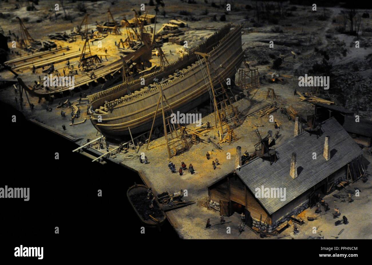 The Stockholm shipward in april 1627, the largest naval base and shipyard in Sweden. Model. Vasa Museum. Stockholm. Sweden. Stock Photo