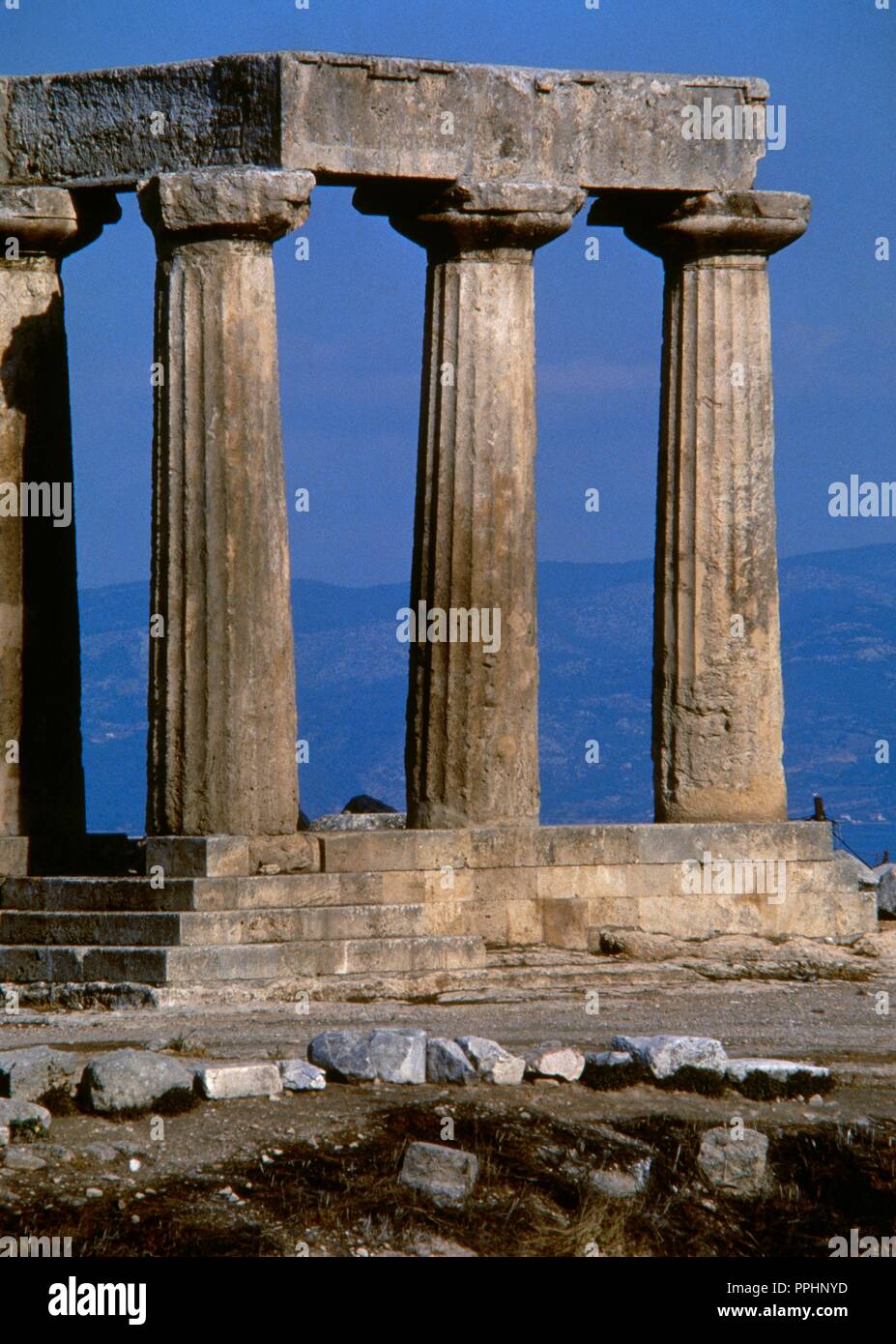 Greece. Ancient Corinth city. Apollo Temple. Doric style. Peripteral temple. 540 BC. Stock Photo