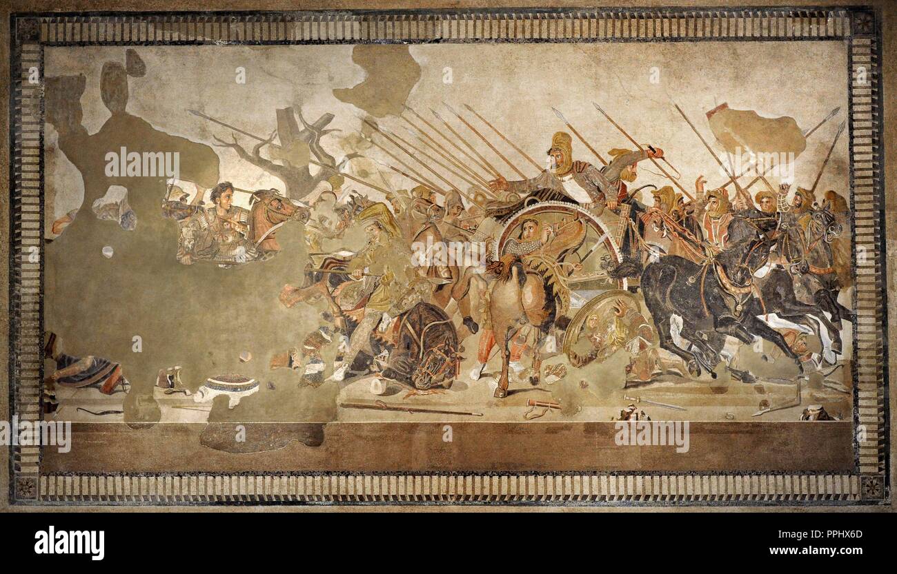 Alexander Mosaic. Battle of Issus (333 B.C.). Battle between Alexander the Great and the Achaemenid Empire, Darius III. Mosaic. Pompei, Casa del Fauno (VI, 12, 2). 2nd century AD. National Archaeological Museum, Naples. Italy. Stock Photo