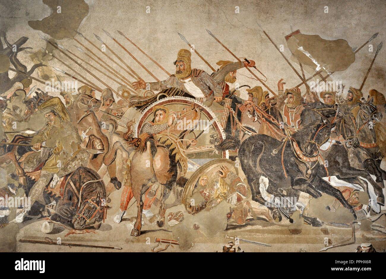 Alexander Mosaic. Battle of Issus (333 B.C.). Battle between Alexander the Great and the Achaemenid Empire, Darius III. Mosaic. Pompei, Casa del Fauno (VI, 12, 2). 2nd century AD. National Archaeological Museum, Naples. Italy. Stock Photo