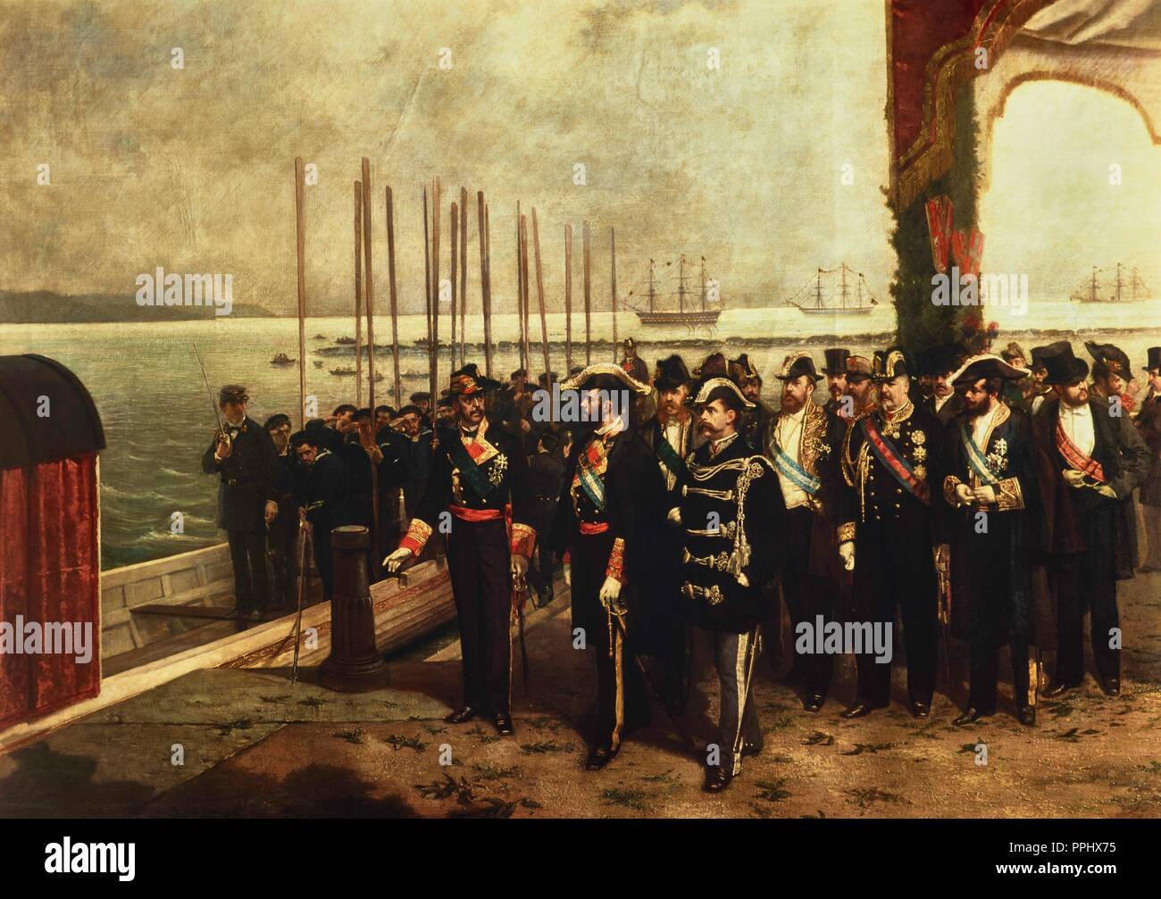 Embarque de Amadeo I de Saboya en el puerto de La Spezia para trasladarse a España para tomar posesión del trono, 1872. Óleo sobre lienzo. Museum: MUSEO NAVAL. Author: ALVAREZ CATALA, LUIS. LUIS ALVAREZ Y CATALA. Stock Photo