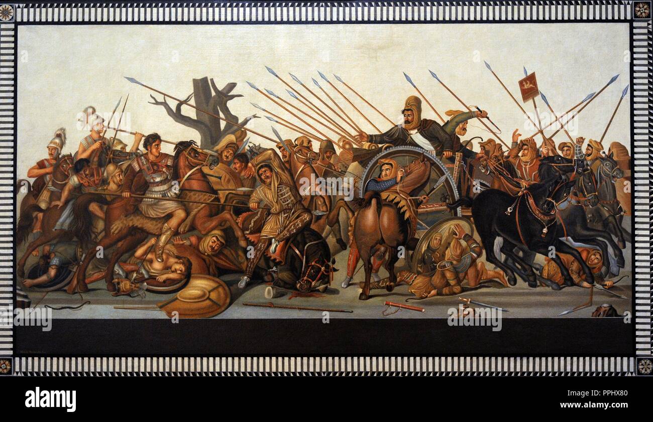 Modern reconstruction of Battle of Issus, between Alexander the Great and the Achaemenid Empire, Darius III. Painting. National Archaeological Museum, Naples. Italy. Stock Photo