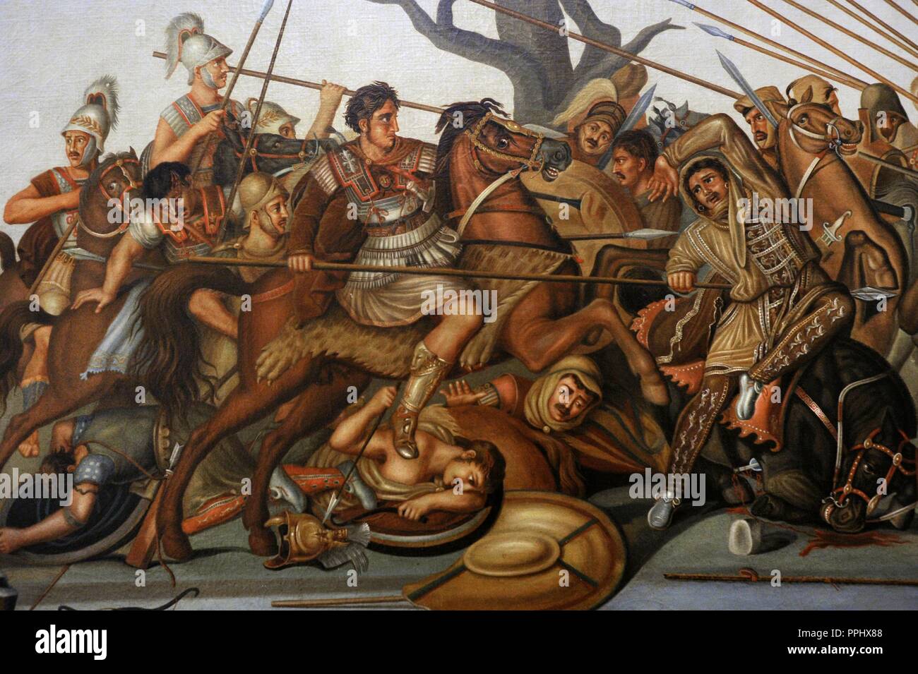 Modern reconstruction of Battle of Issus, between Alexander the Great and the Achaemenid Empire, Darius III. Painting. National Archaeological Museum, Naples. Italy. Stock Photo