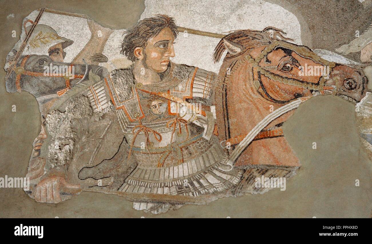 Alexander Mosaic. Battle of Issus (333 B.C.). Battle between Alexander the Great and the Achaemenid Empire, Darius III. Mosaic. Pompei, Casa del Fauno (VI, 12, 2). 2nd century AD. Detail. Alexander with Bucephalus. National Archaeological Museum, Naples. Italy. Stock Photo
