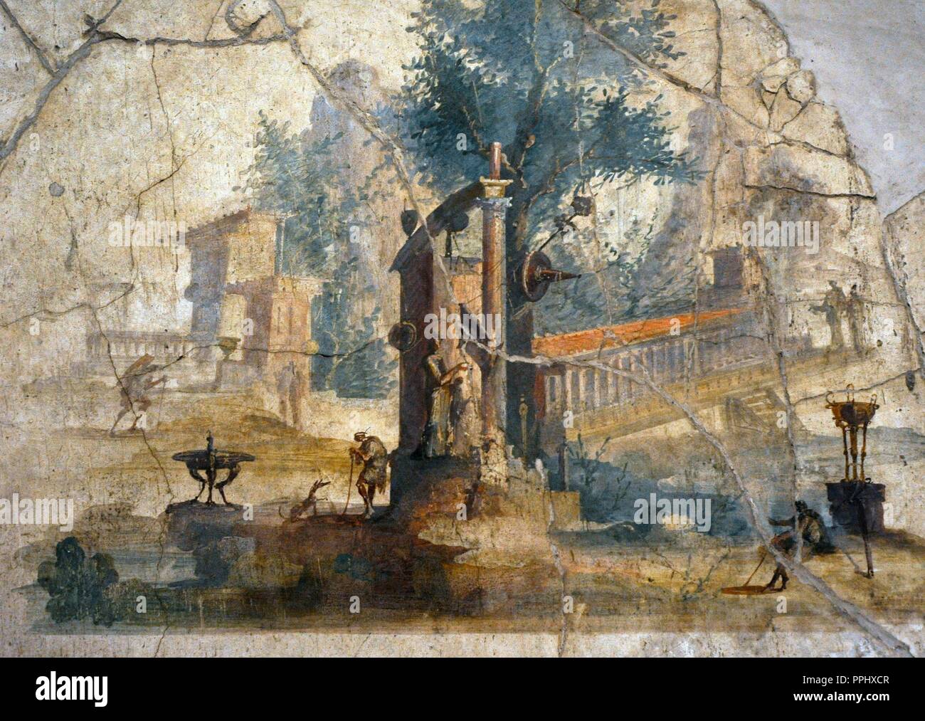 Roman fresco depicting a mythological landscape. Cubiculum of the Village of Agrippa Postumus. 20 BC-10 AD. Third Pompeian Style. Boscotrecase, near Pompeii. National Archaeological Museum. Naples. Italy. Stock Photo