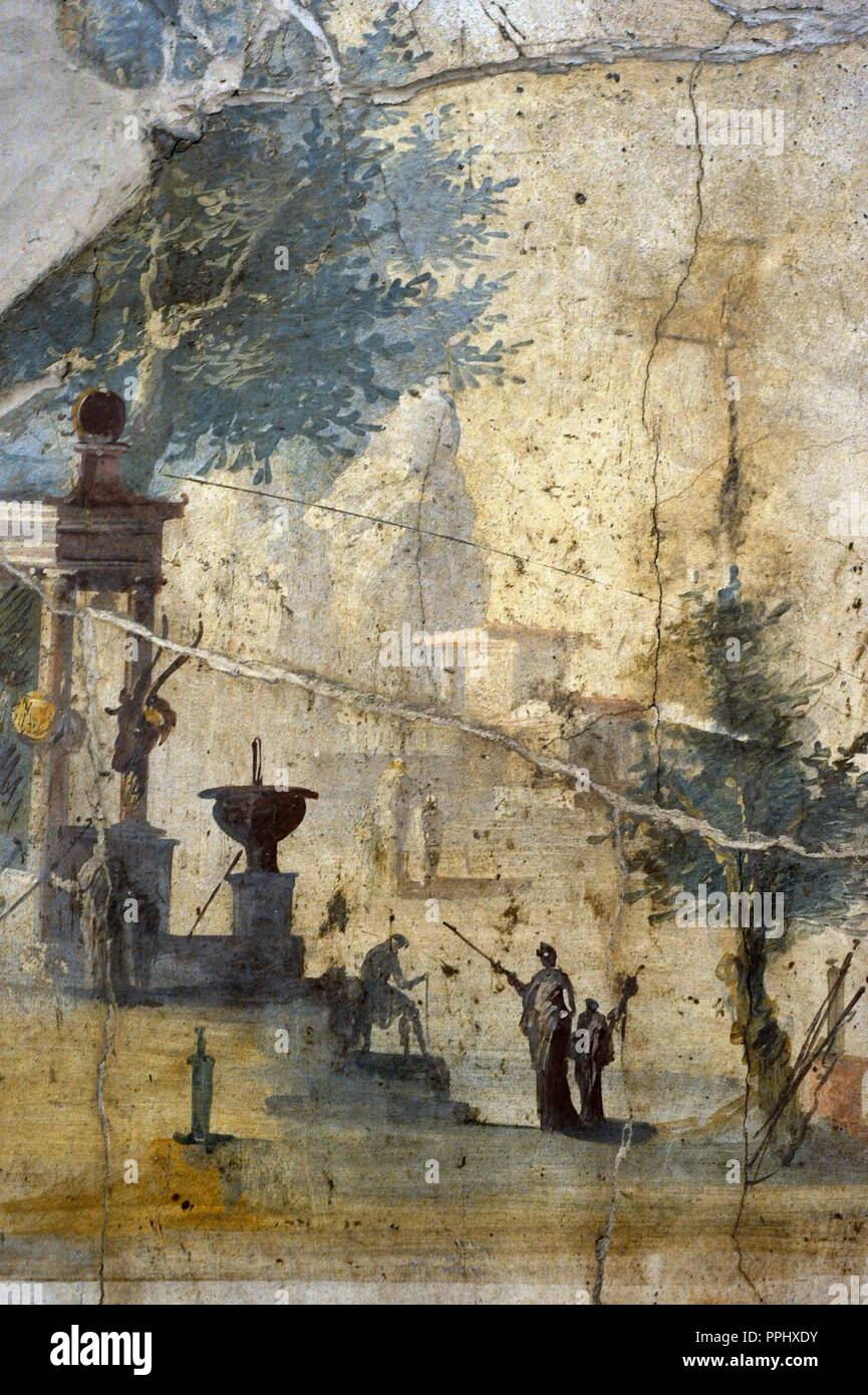 Roman fresco depicting a mythological landscape. Cubiculum of the Village of Agrippa Postumus. 20 BC-10 AD. Third Pompeian Style. Boscotrecase, near Pompeii. National Archaeological Museum. Naples. Italy. Stock Photo