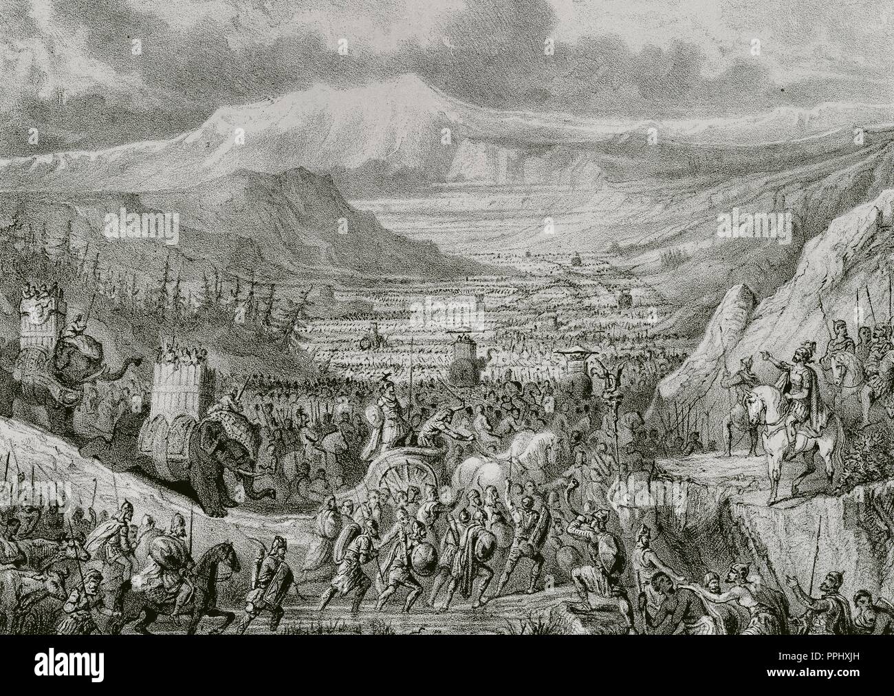 Second Punic War (218-201 BC). War between Romans and Carthaginians for the domination of the Mediterranean. The Carthaginian general Hannibal (ca.247-183 BC) during the crossing of the Alps. Engraving. Stock Photo