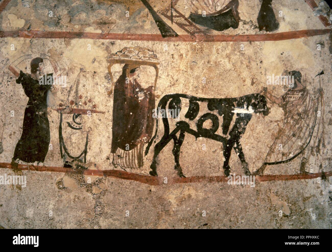 Painted slab from Tomb 47 of Necropolis, Paestum. Circa 350 BC. Preparations for an animal sacrifice. Italy. (Magna Graecia). Archaeological Museum of Paestum. Italy. Stock Photo