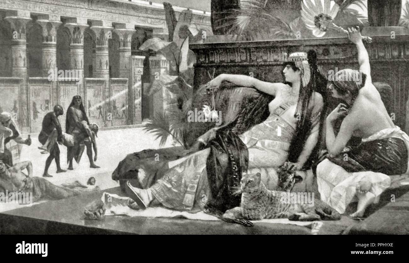 Cleopatra VII Philopator (69-30 BC). Queen of Egypt. Cleopatra testing poisons on condemned prisoners. Engraving after a painting of A. Cabanel in The History of Nations. Stock Photo